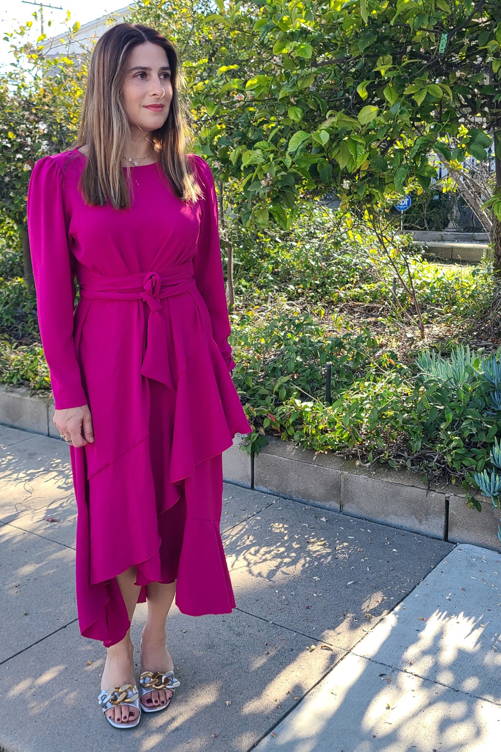 Long sleeve faux wrap dress hot sale