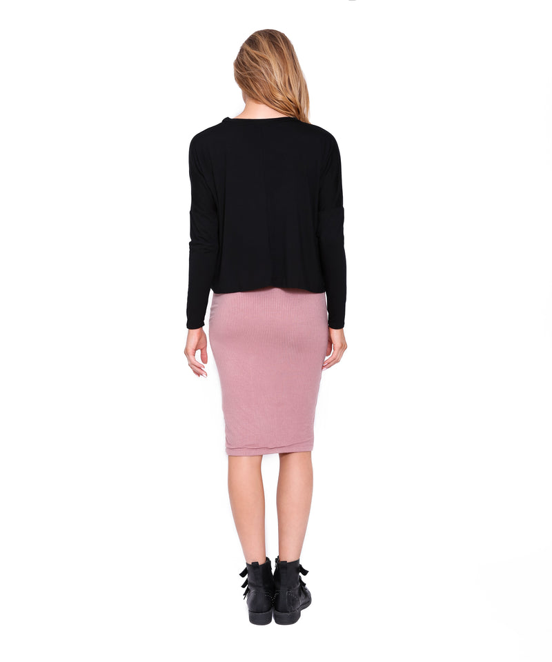 Knee Length Ribbed Tube Skirt, Black